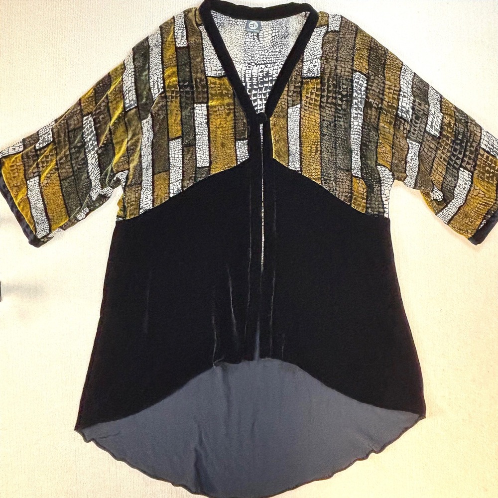 Cocoon House Silk Blend Devore Velvet Kimono Cardigan Black Gold Olive Whimsical